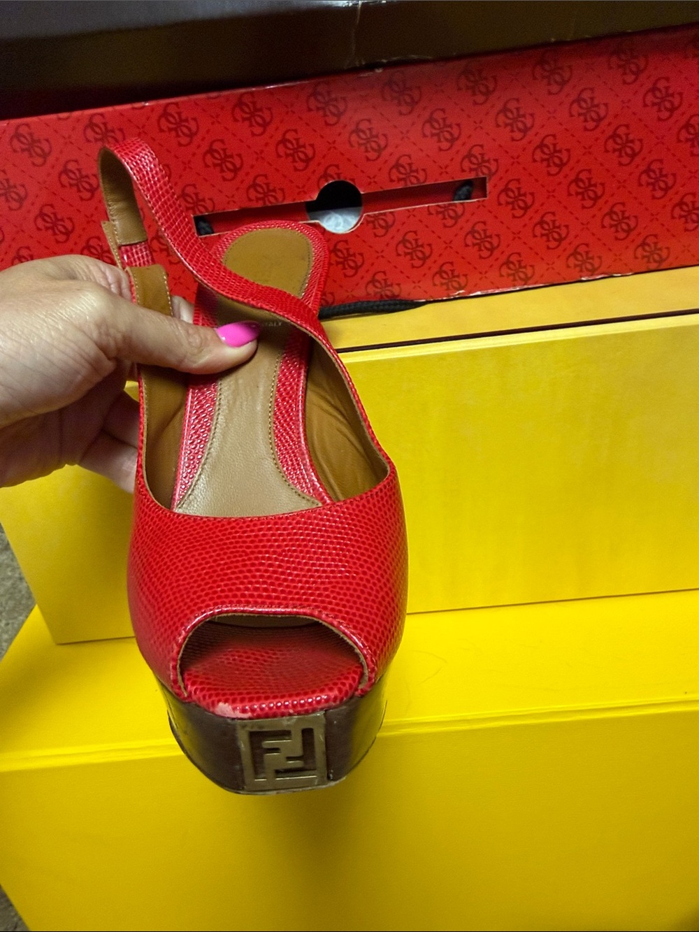 Fendi Red Peep-Toe Platform Slingback Sandal with Logo Heel